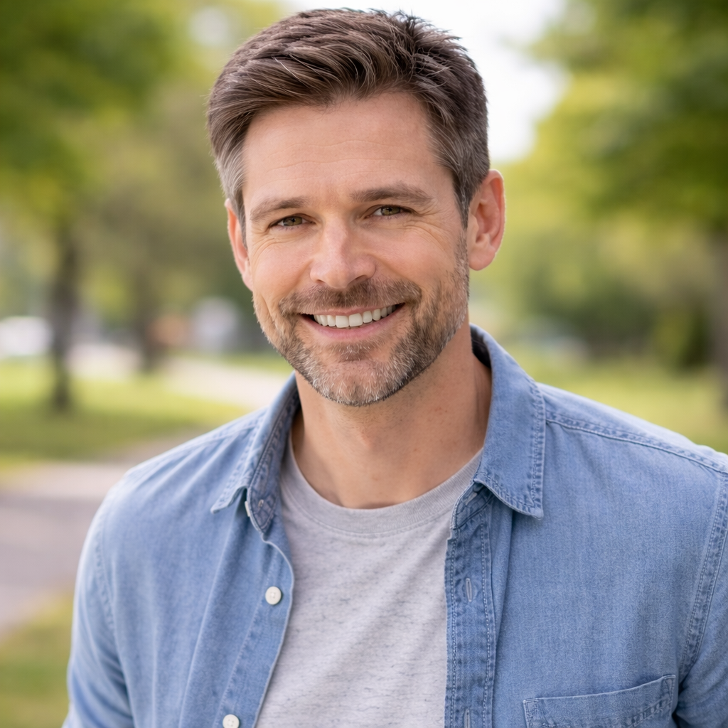 Confident man with healthy hair after following the system