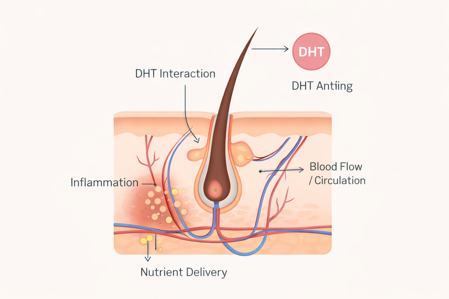 Cross-section diagram of a hair follicle showing the four factors affecting hair growth