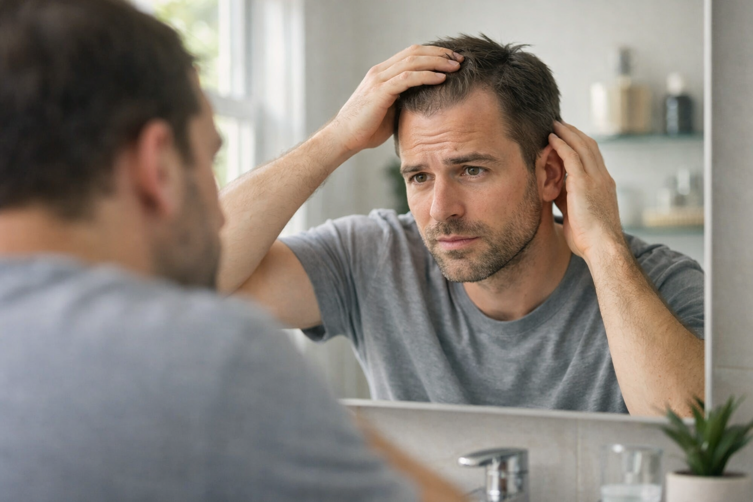 Man examining his thinning hairline in the bathroom mirror
