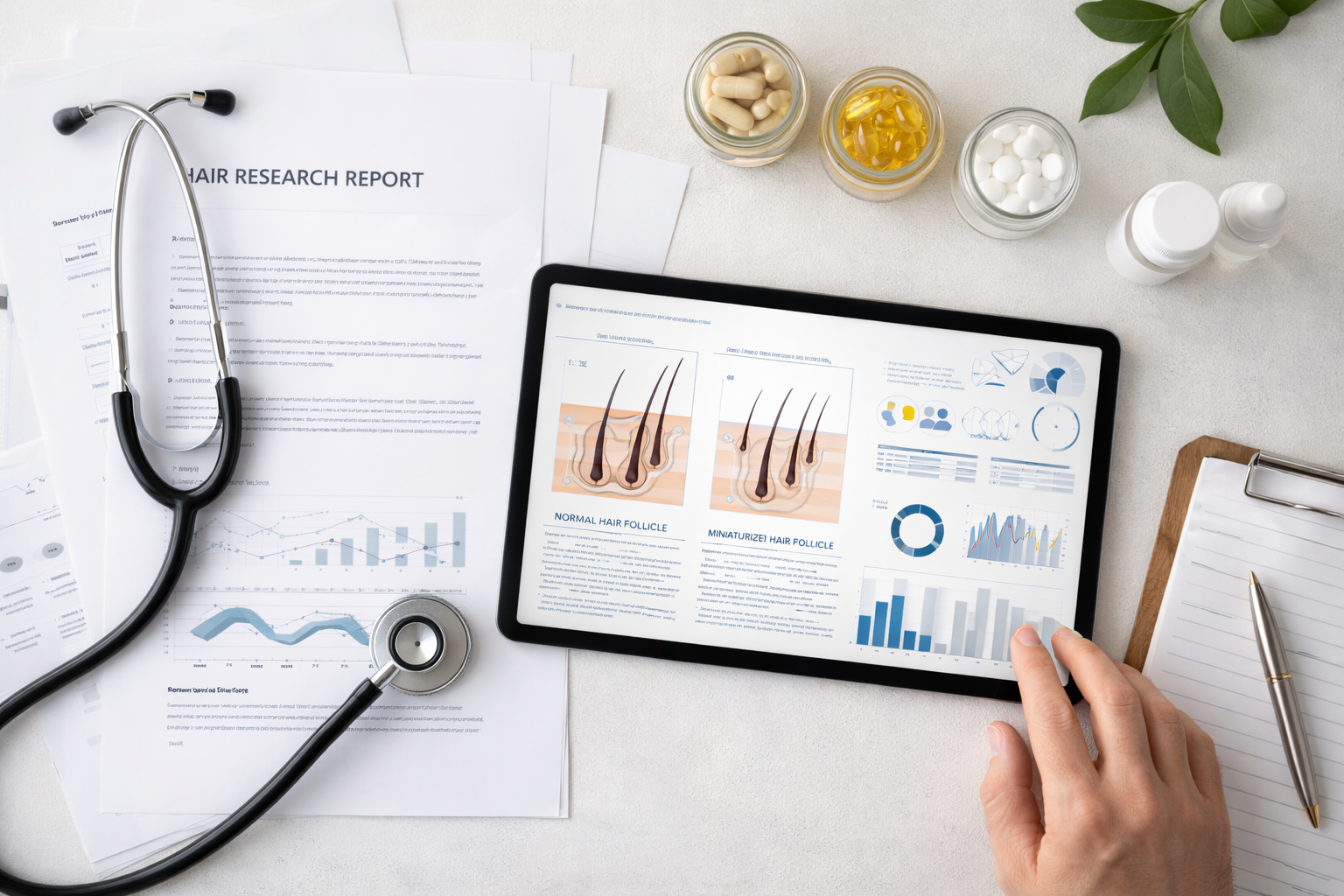 Research desk with medical papers and natural hair health supplements