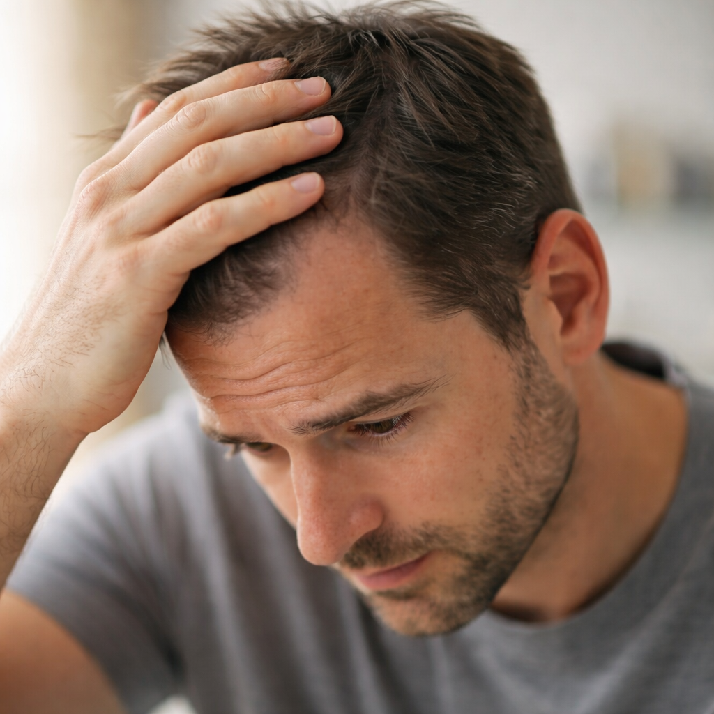 Man running his hand through his thinning hair