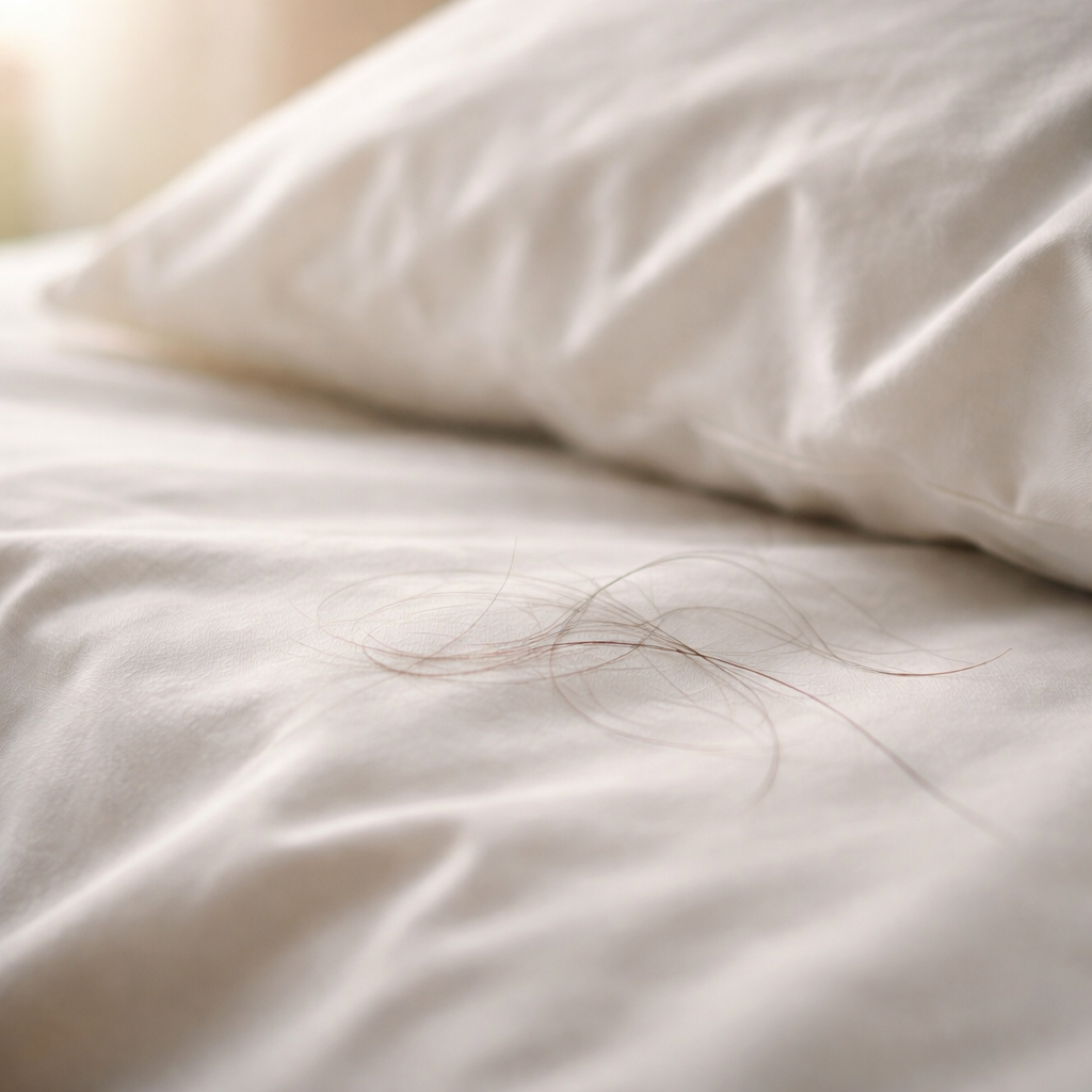Hair strands on a pillow in the morning