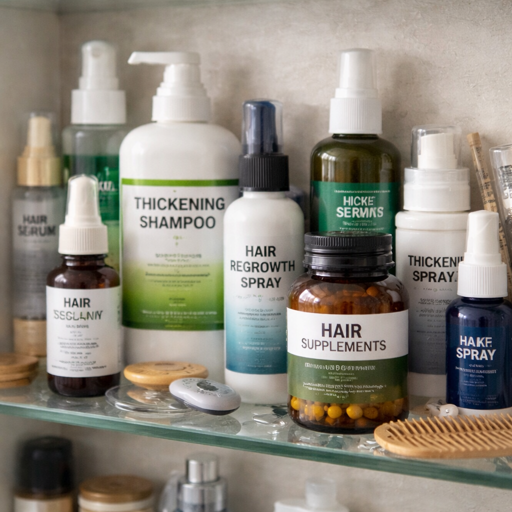 Bathroom shelf filled with hair loss products