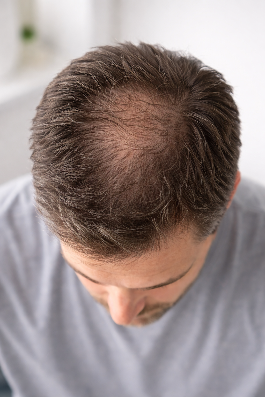 Visible hair thinning at the crown of the scalp